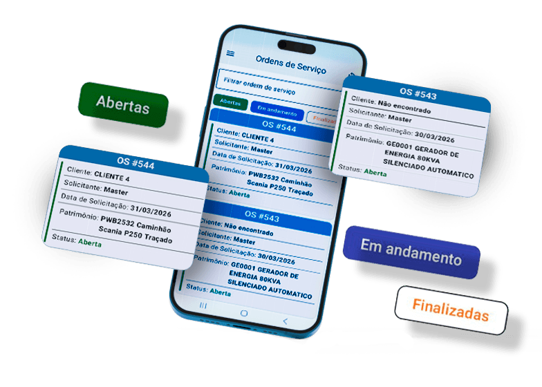 Tela do app DN4 Manutenção exibindo lista de ordens de serviço no smartphone